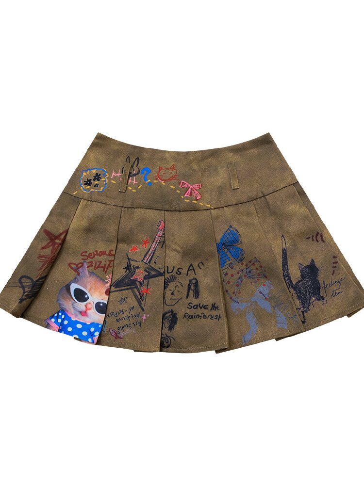 Graffiti Print Pleated Skirt【s0000017889】