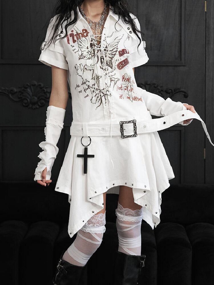 Irregular Lace Up Printed Dress【s0000018175】