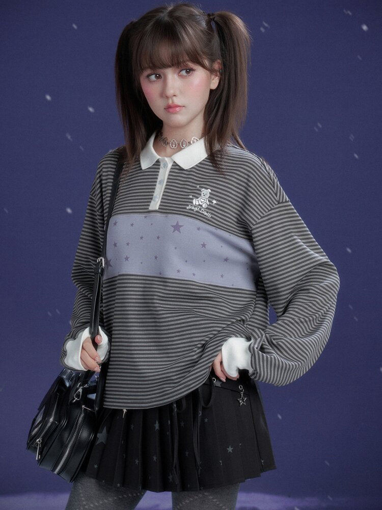 Purple Striped Loose Polo Shirt【s0000015470】