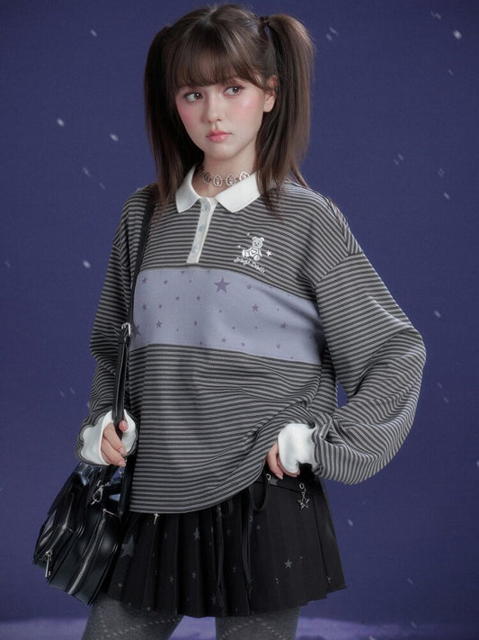 Purple Striped Loose Polo Shirt【s0000015470】