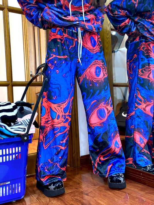 Blue Cell Plush Print Wide-Leg Pants【s0000014869】