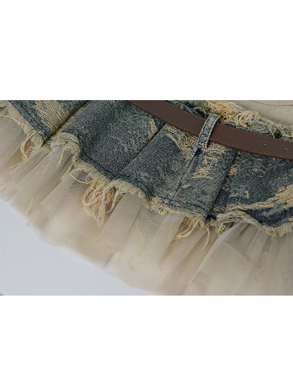 Denim Mesh Reconstructed Pleated Skirt【s0000009370】