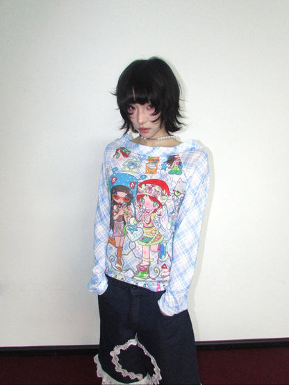Check Stretch Mesh Long Sleeve Top【s0000018654】