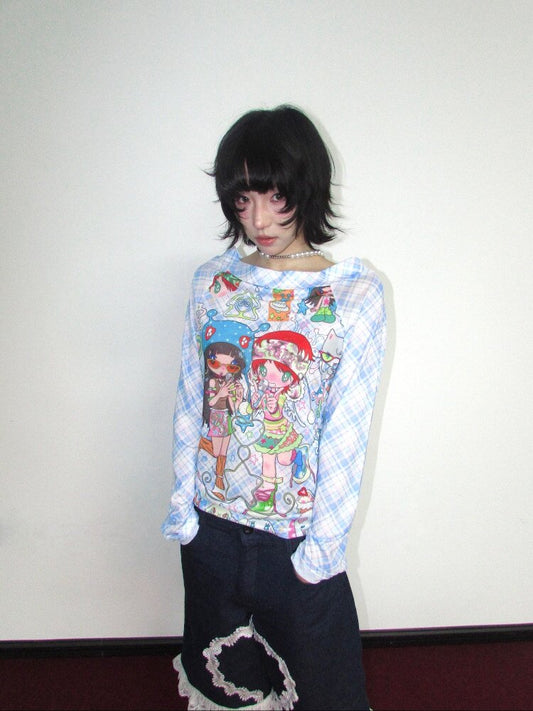 Check Stretch Mesh Long Sleeve Top【s0000018654】