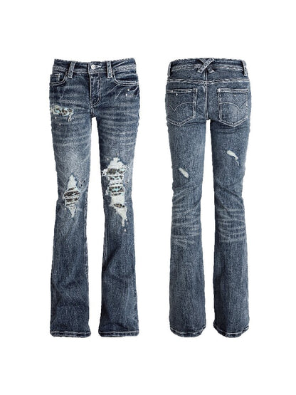 Washed Leopard Print Ripped Denim Pants【s0000018558】