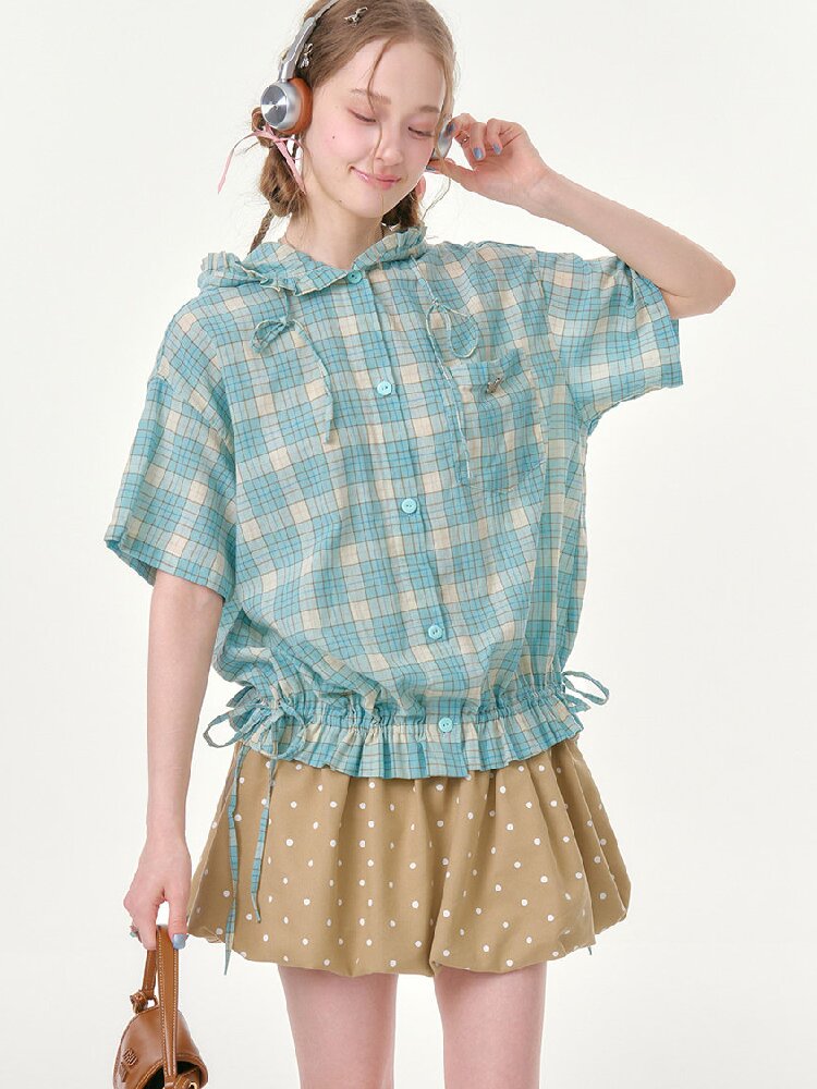Ruffle Hem Hooded Plaid Shirt【s0000016619】