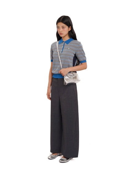 Stripes polo collar short sleeve knit tops【s0000013436】