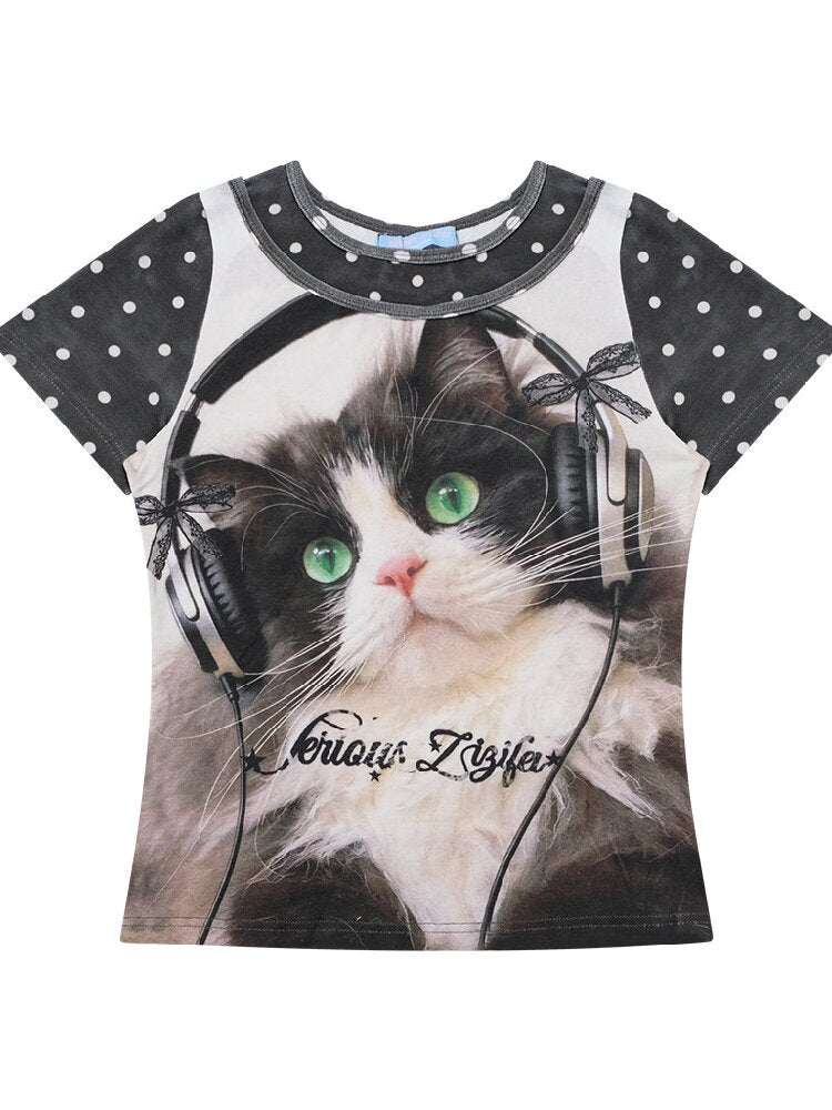 Vintage Polka Dot Cat Print T Shirt【s0000017312】