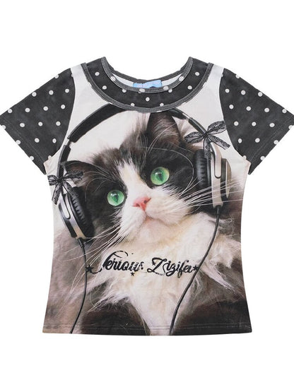 Vintage Polka Dot Cat Print T Shirt【s0000017312】