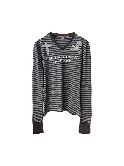 Striped V Neck Skull Long Sleeve【s0000018203】
