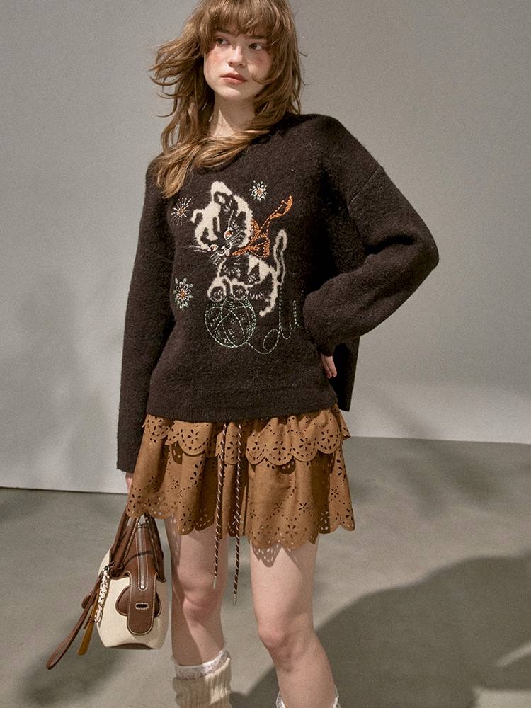 Playful Kitten Round Neck Long Sleeve Sweater【s0000014402】