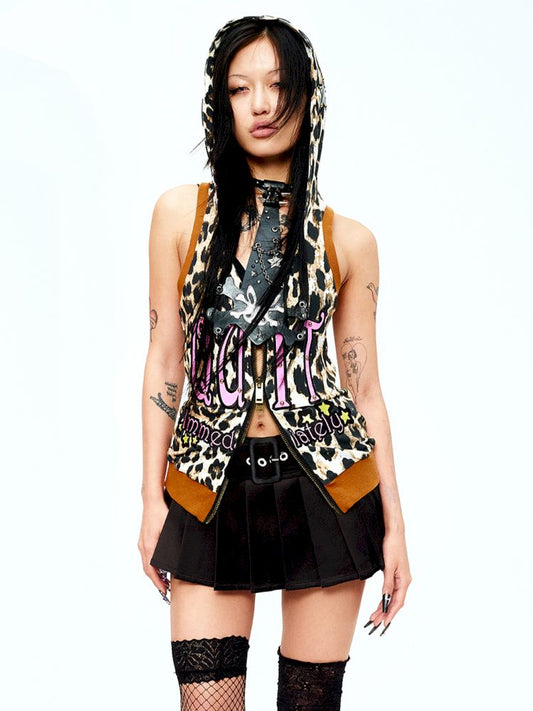 Patent leather embroidered leopard print waistcoat 【s0000009419】