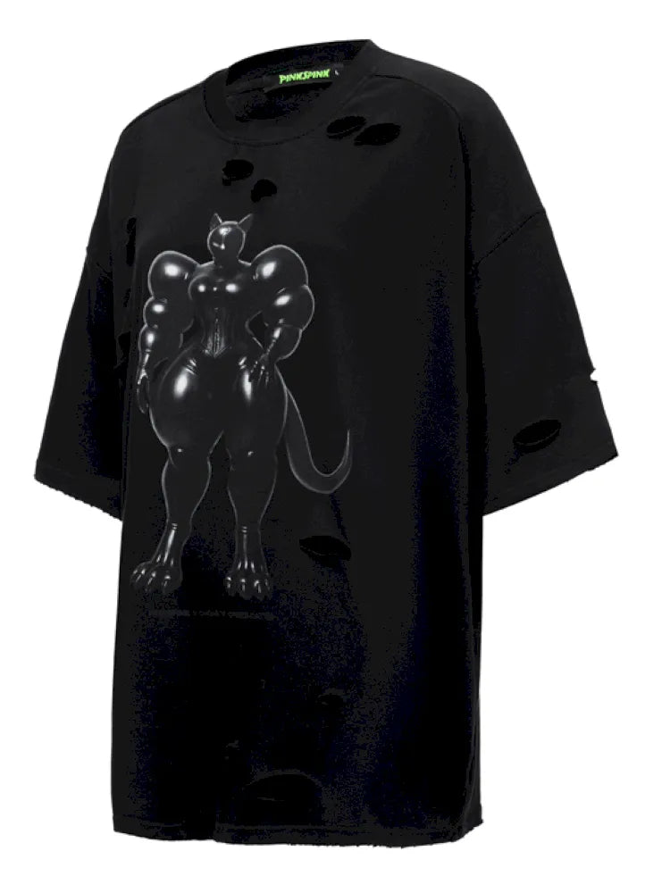 Cat Print Distressed T-Shirt with Drawstring Waist【s0000014018】