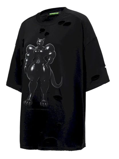 Cat Print Distressed T-Shirt with Drawstring Waist【s0000014018】