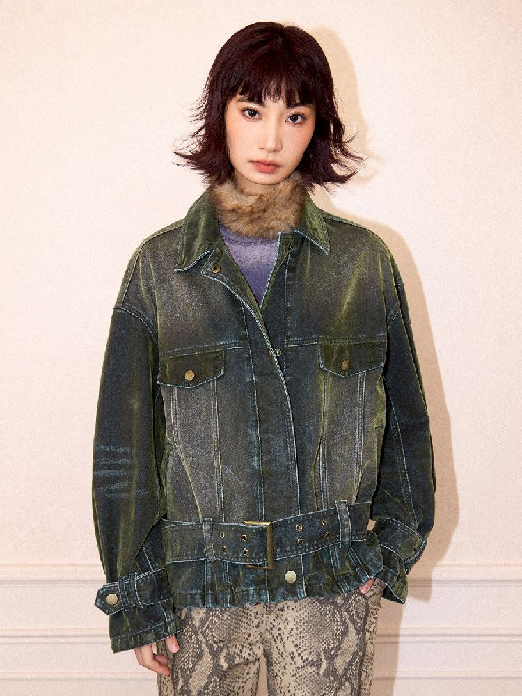 Loose Green Flocked Denim Jacket【s0000011638】