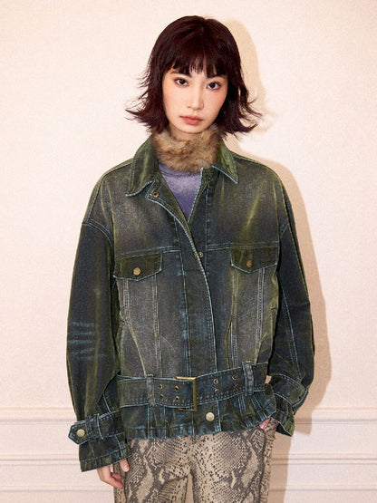 Loose Green Flocked Denim Jacket【s0000011638】