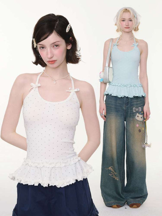 Lace Bow Polka Dot Halter Vest【s0000015432】