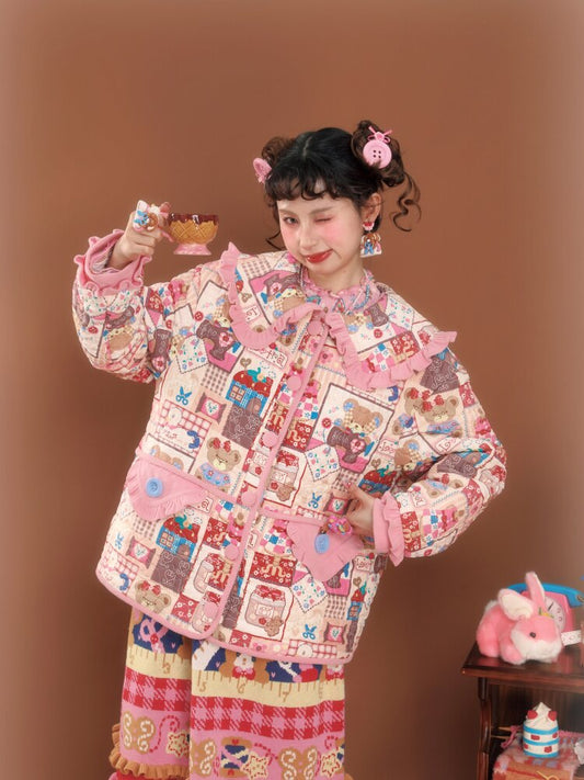 Pink Patchwork Printed Quilted Jacket【s0000015586】