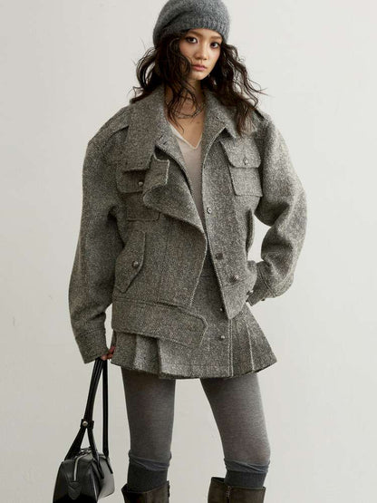 Herringbone Woolen Silhouette Jacket【s0000015193】