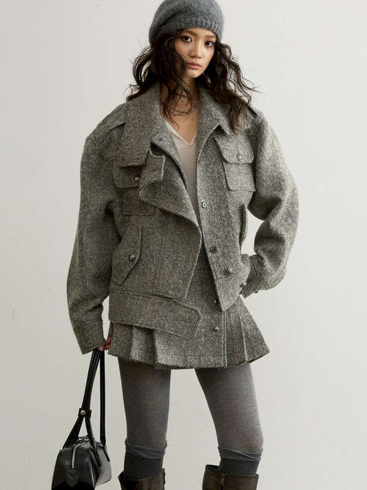 Herringbone Woolen Silhouette Jacket【s0000015193】