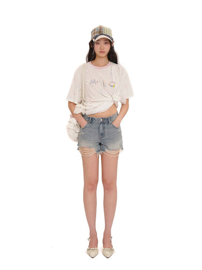 Leather label denim super short pants【s0000013435】