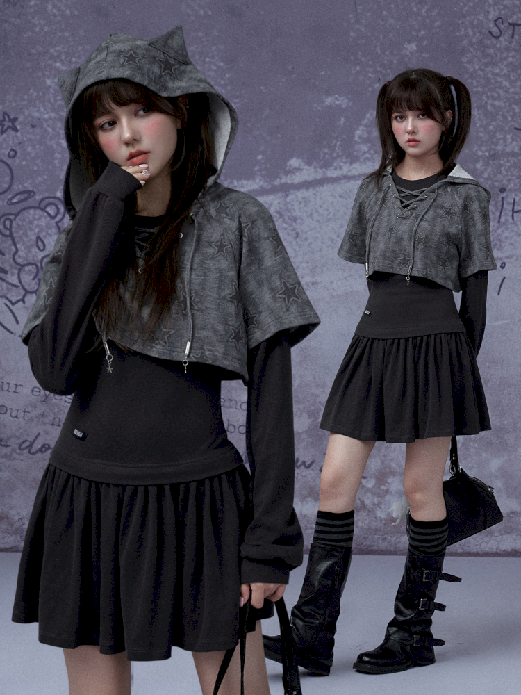 Gray Star Cat Ear Two-Piece Dress【s0000015441】