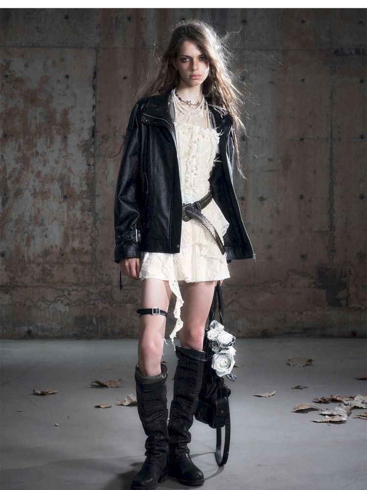 Loose black myriad leather jacket【s0000013885】