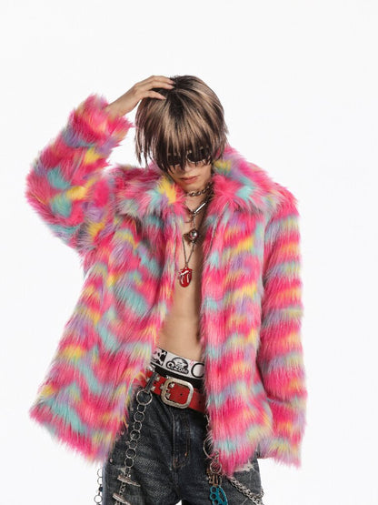 Rainbow Colorful Faux Fur Coat【s0000019281】