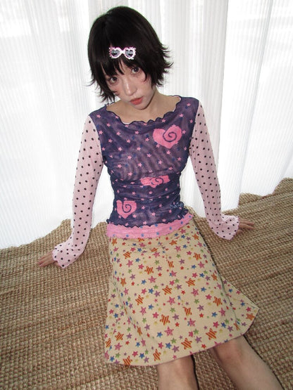 Pink Blue Mesh Flared Sleeve Top【s0000018675】