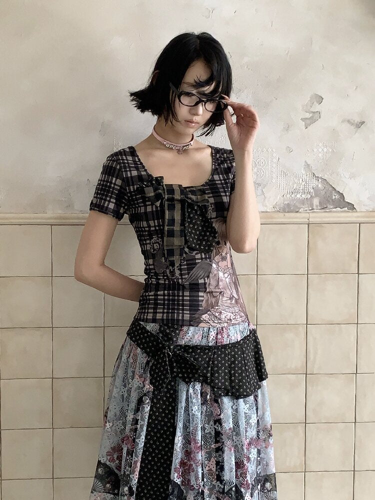 Patchwork Bow Cartoon Check T-Shirt【s0000018082】