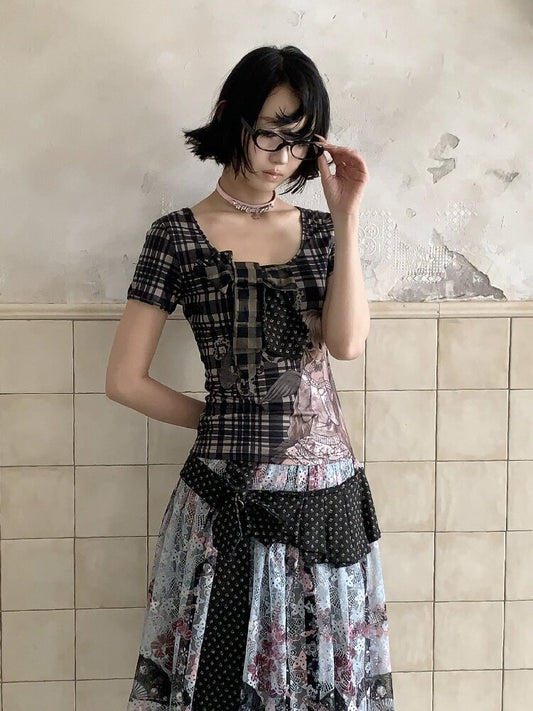 Patchwork Bow Cartoon Check T-Shirt【s0000018082】