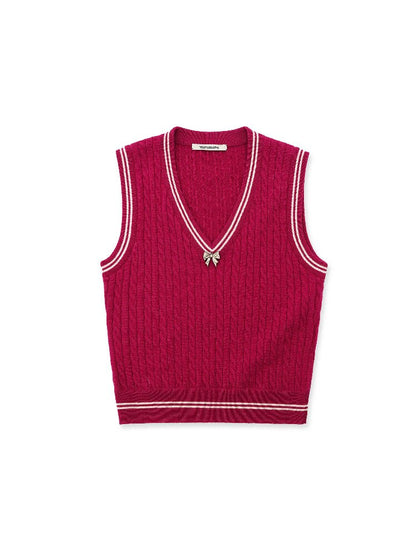 Contrast Twist Bow Woolen Vest【s0000016098】