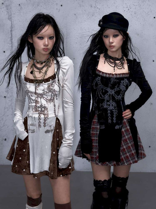 Vintage Baroque Velvet Check Dress【s0000014935】