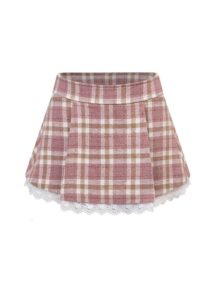 Berry Cocoa Pink Brown Check Pleated Skirt【s0000014866