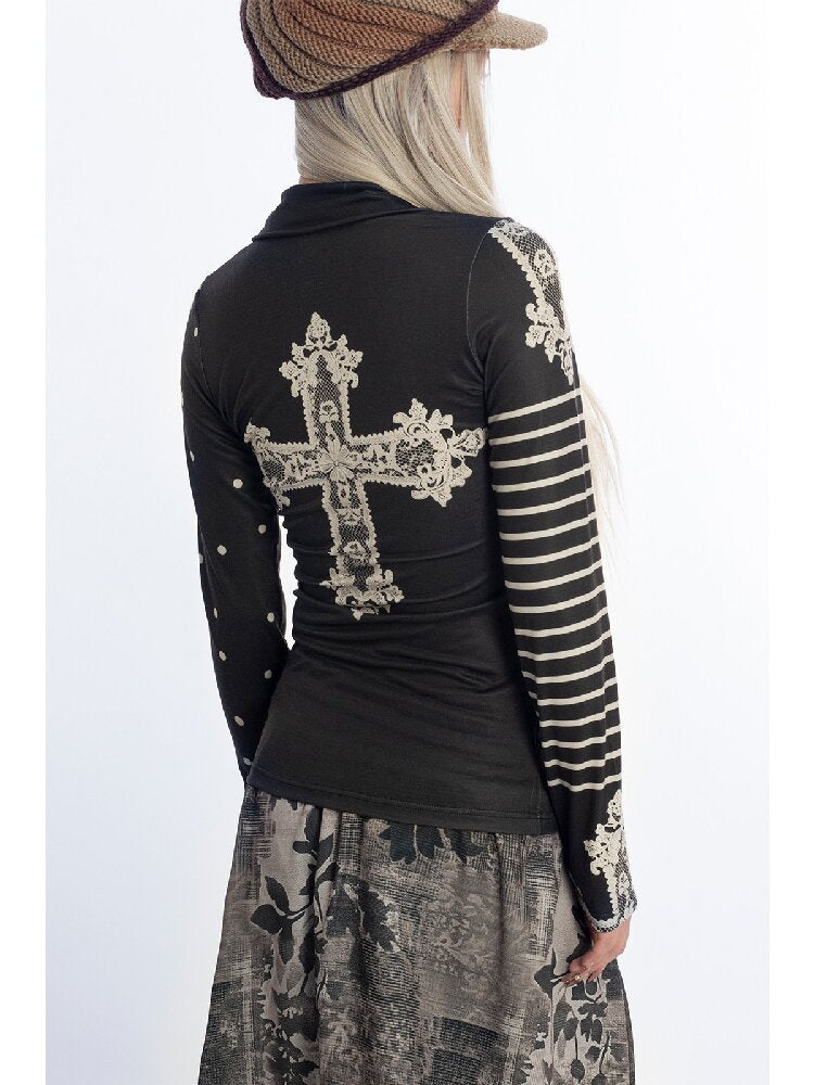 Lace Cross Striped Top Shirt【s0000018053】