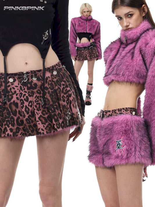 Pink Leopard Furry Miniskirt【s0000015126】