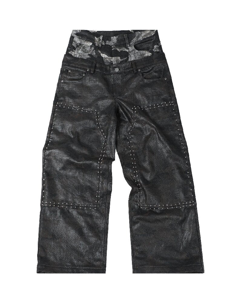 Studded Patchwork Wax Denim Pants【s0000017146】