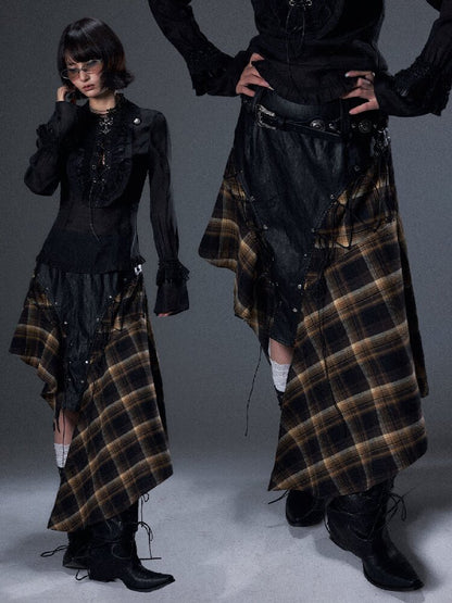 Punk Leather Patchwork Plaid Skirt【s0000017999】