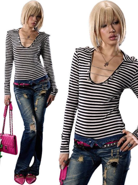 Striped Button-Up One-Piece Shirt【s0000018508】