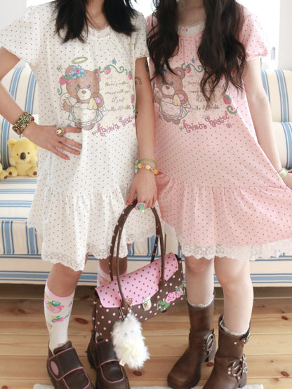 Bear Strawberry Lace Polka Dot Dress【s0000017508】