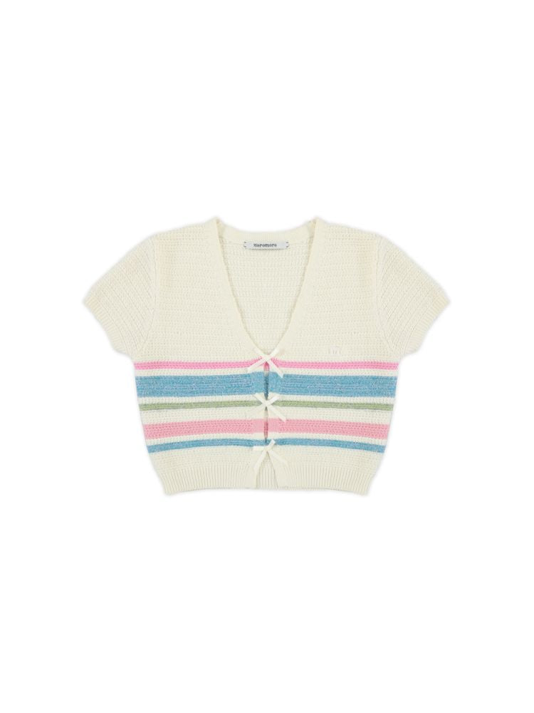 Stripe texture feeling bow short sleeve V-neck knit tops【s0000008636】