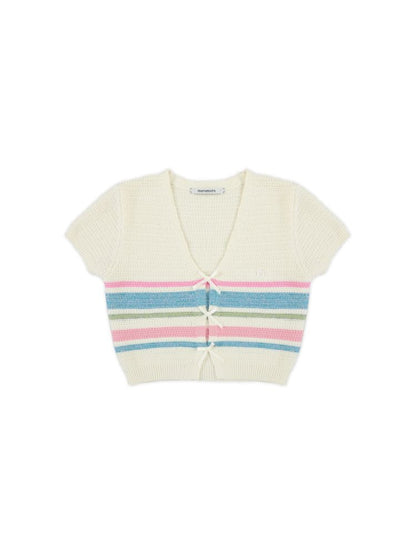 Stripe texture feeling bow short sleeve V-neck knit tops【s0000008636】