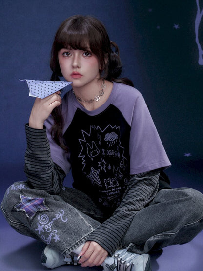 Graffiti Fake Two Purple T-Shirt【s0000015445】