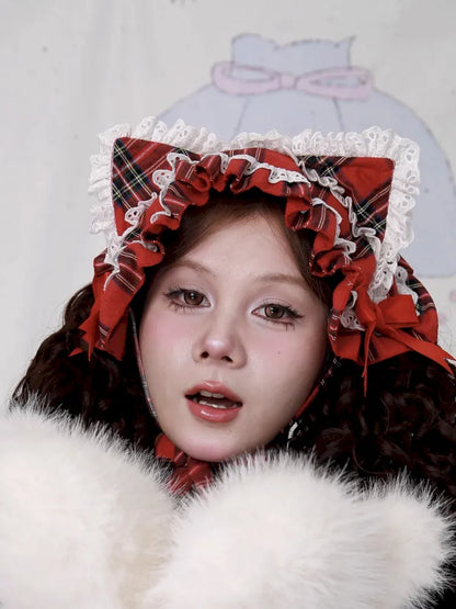 Red Plaid Cute Cat Ear Headband【s0000014106】