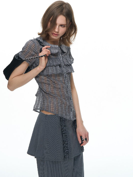 Purple Gray Doll Collar Bow Shirt【s0000015874】