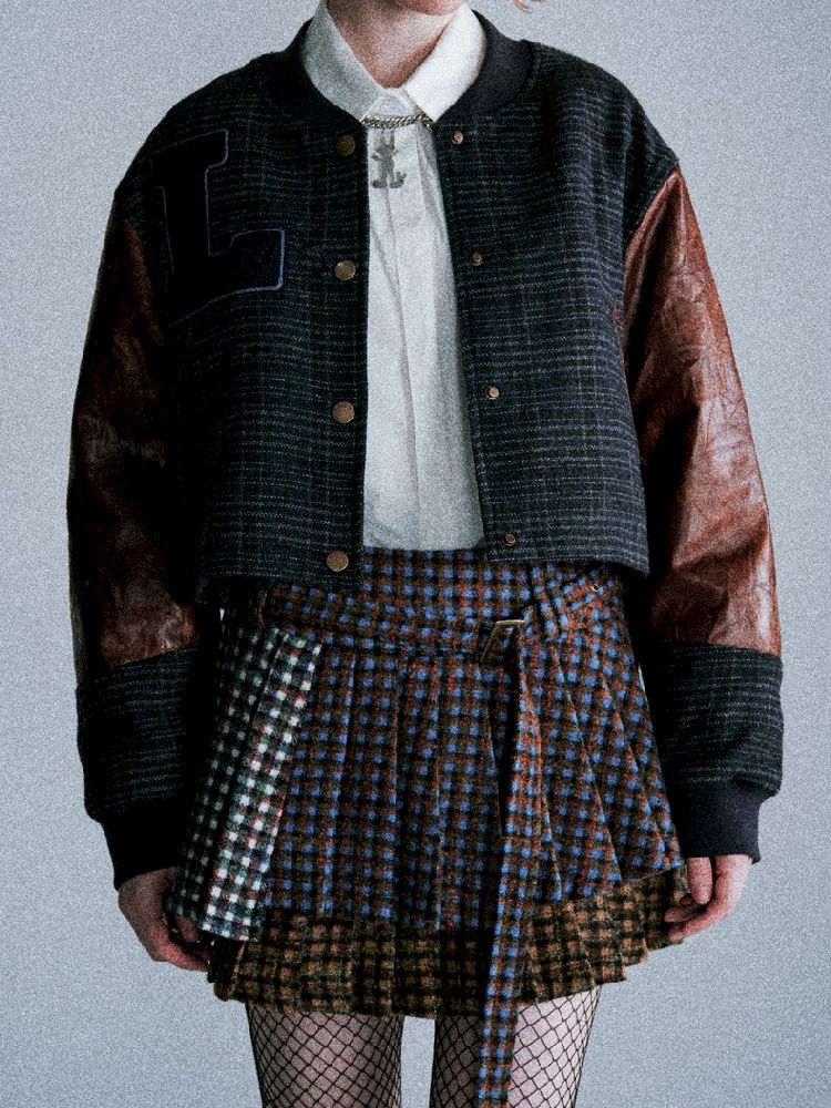 Three-color plaid splicing pleated skirt【s0000005411】