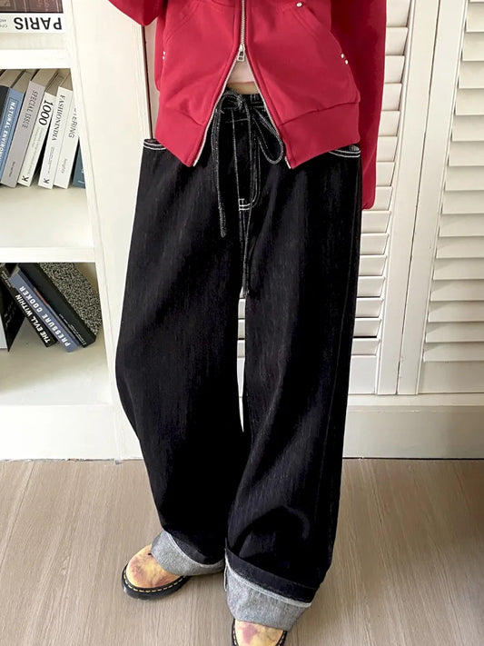 Washed elastic-waist wide-leg long jeans【s0000013990】