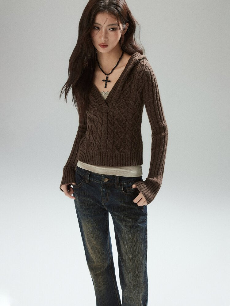 Coffee V-Neck Cropped Wool Sweater【s0000015597】