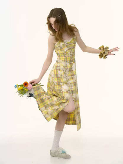 Grid Tie-Dye Split Sling Dress【s0000012258】