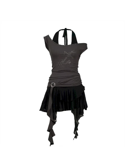 Chiffon ruffle patchwork off-the-shoulder dress【s0000012801】